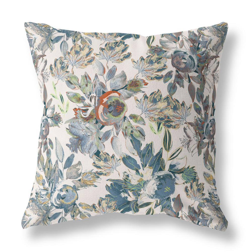 16” Blue White Florals Indoor Outdoor Zippered Throw Pillow. Picture 1