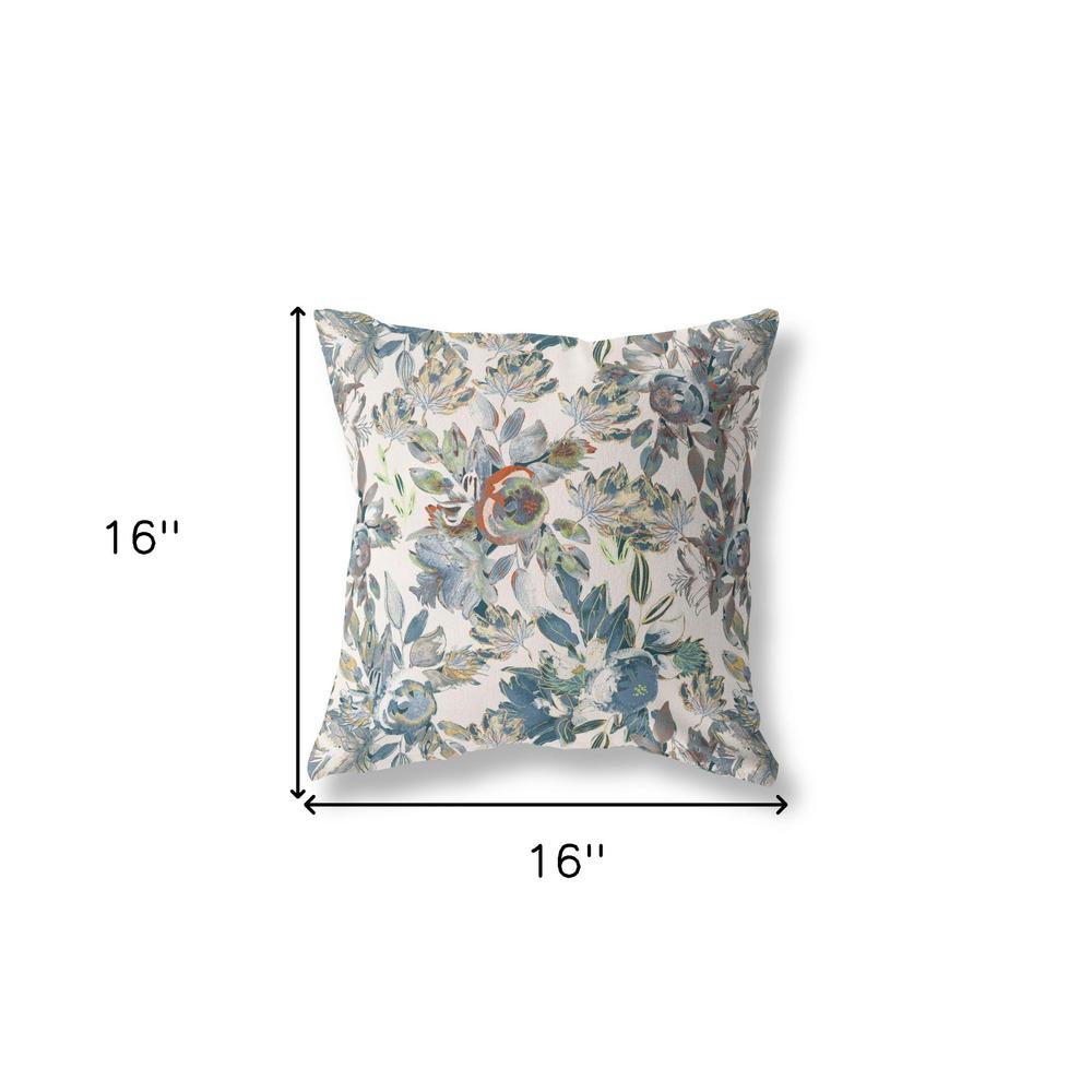 16” Blue White Florals Indoor Outdoor Zippered Throw Pillow. Picture 4