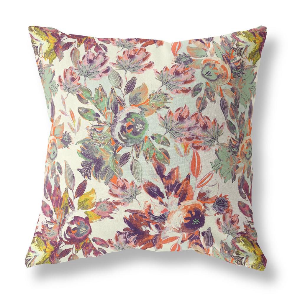 16” Orange Green Florals Indoor Outdoor Zippered Throw Pillow. Picture 1