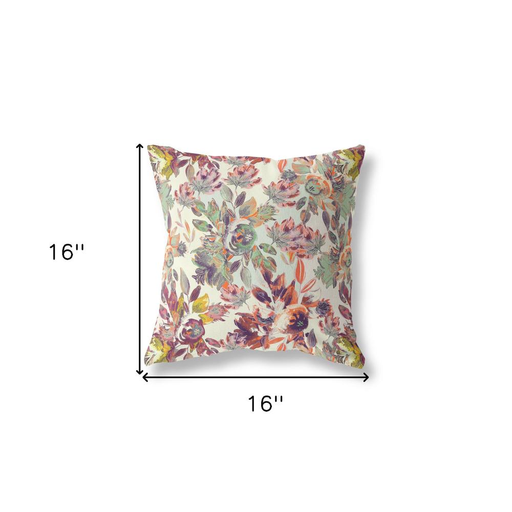 16” Orange Green Florals Indoor Outdoor Zippered Throw Pillow. Picture 4