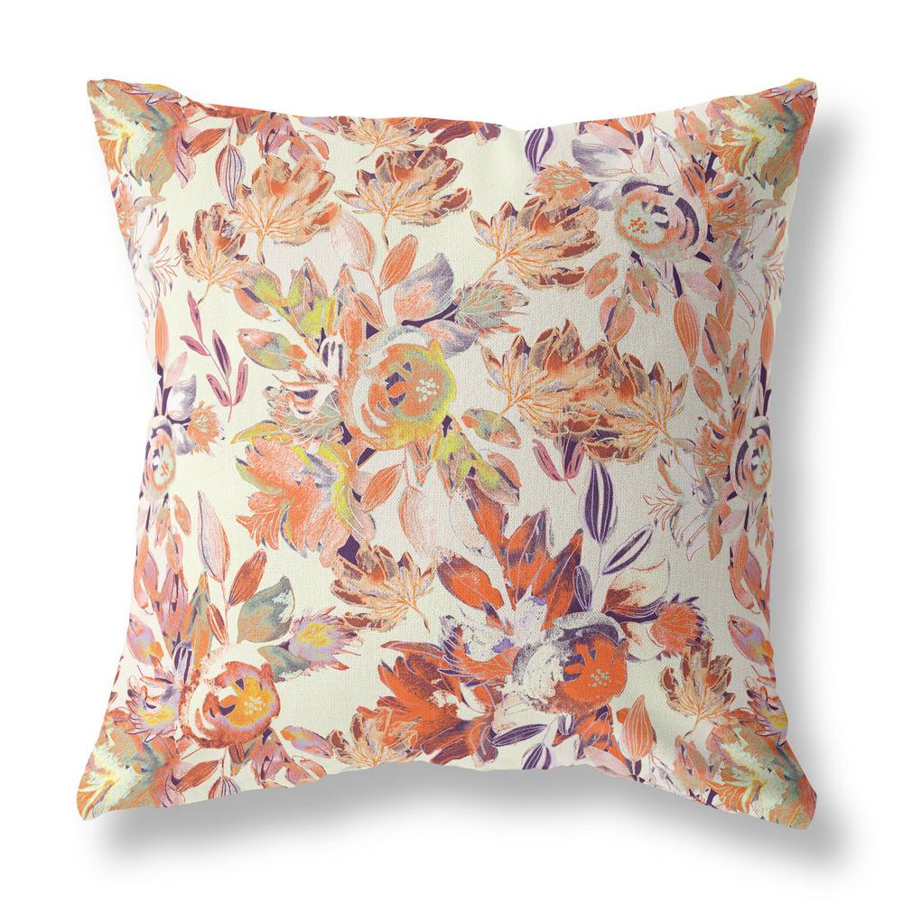 16” Peach Cream Florals Indoor Outdoor Zippered Throw Pillow. Picture 1