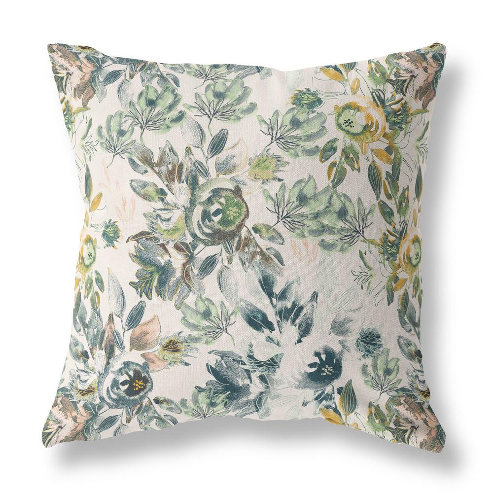 18” White Green Florals Indoor Outdoor Zippered Throw Pillow. Picture 1