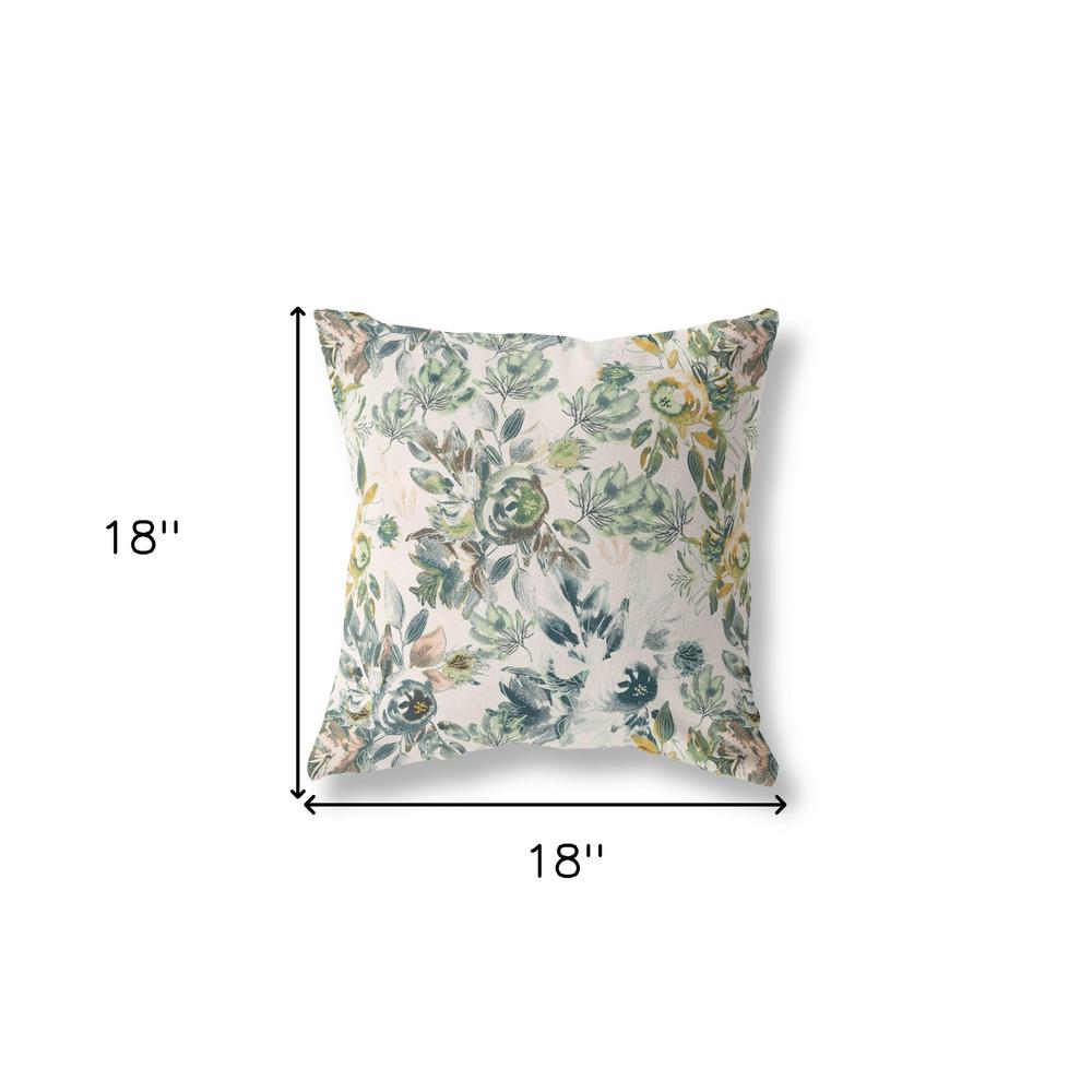 18” White Green Florals Indoor Outdoor Zippered Throw Pillow. Picture 4