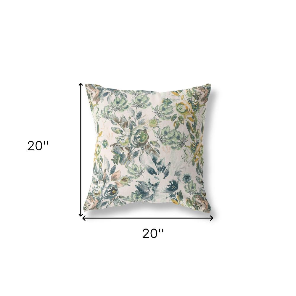 20” White Green Florals Indoor Outdoor Zippered Throw Pillow. Picture 4