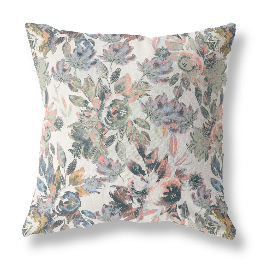 16” Pink Gray Florals Indoor Outdoor Zippered Throw Pillow. Picture 1