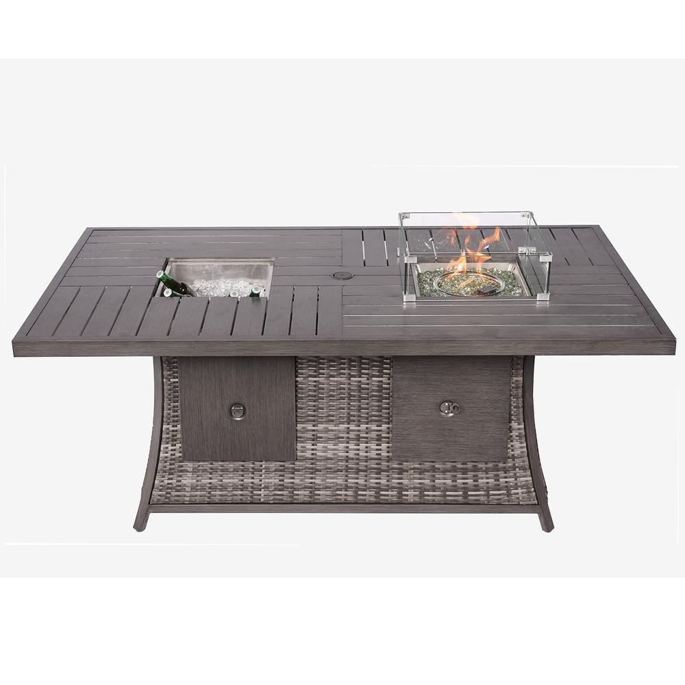 Gray Wicker Outdoor Gas Fire Pit Table with Ice Bucket. Picture 1