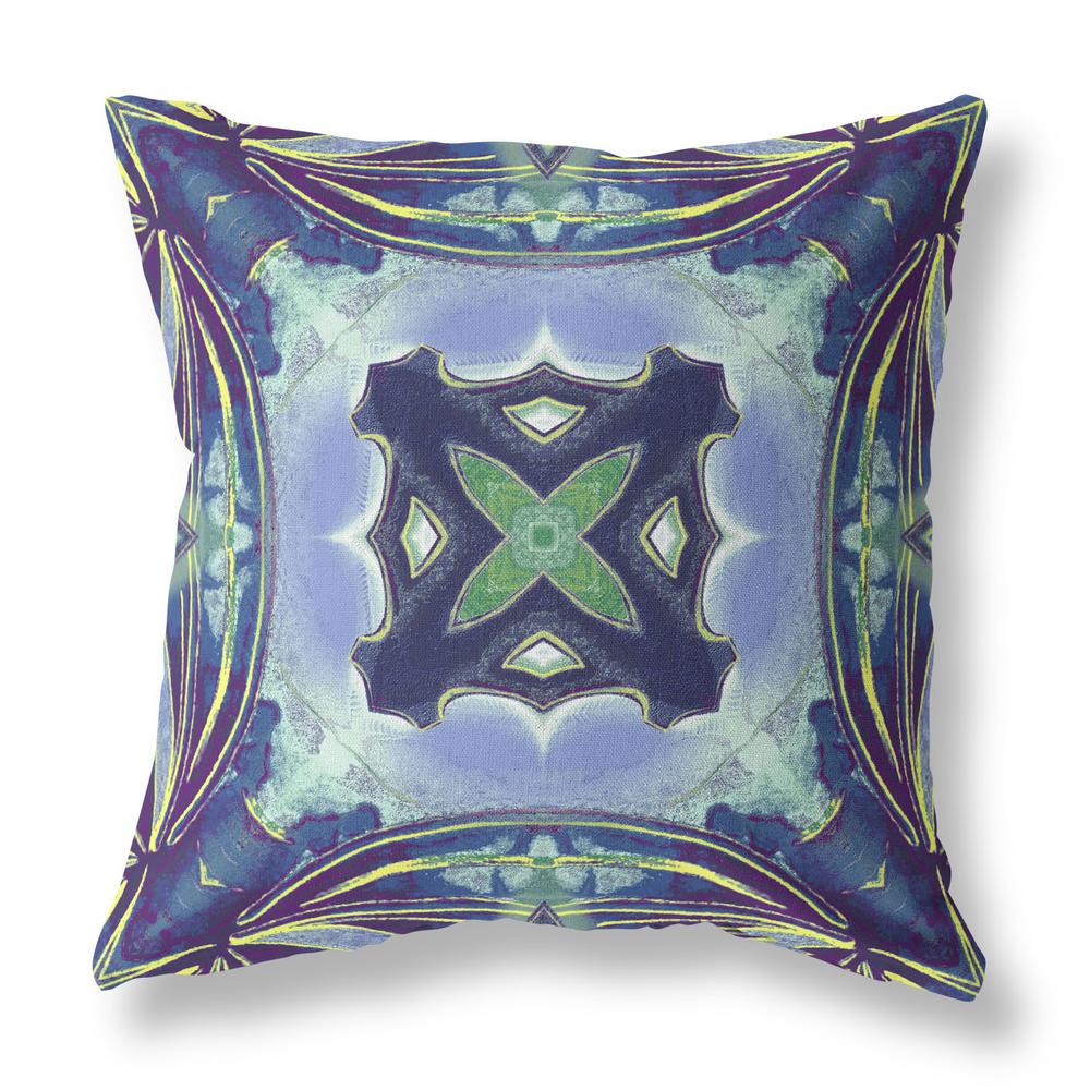 16” Blue Green Geo Tribal Indoor Outdoor Throw Pillow. Picture 1