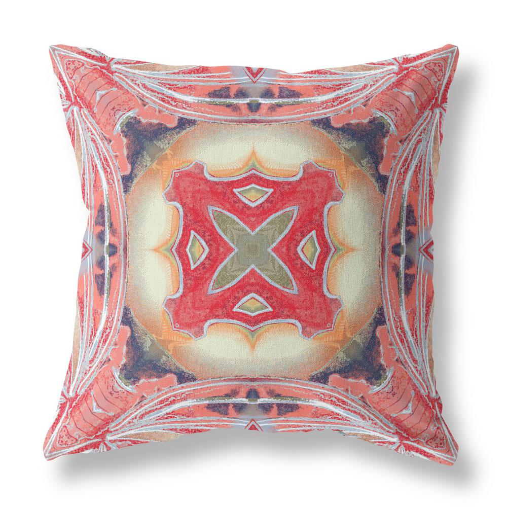 16” Peach Red Geo Tribal Indoor Outdoor Throw Pillow. Picture 1