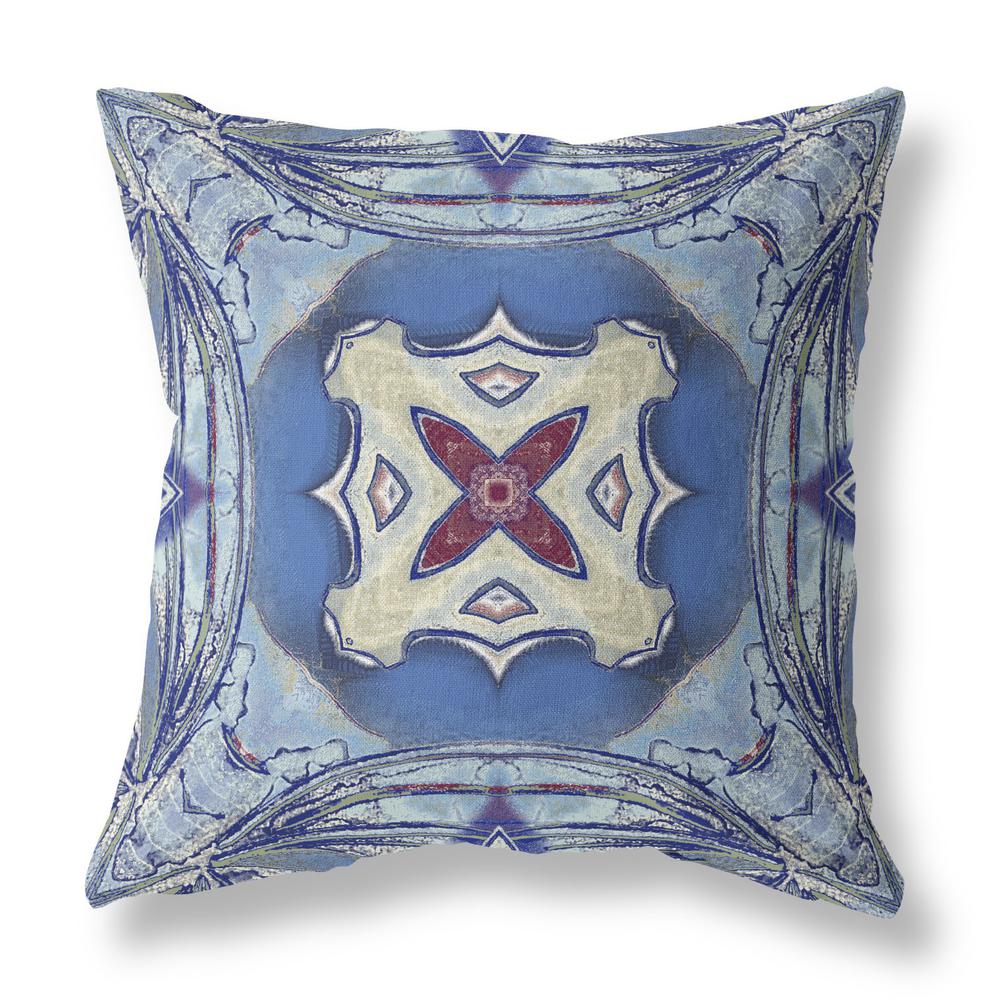 18” Blue Cream Geo Tribal Indoor Outdoor Throw Pillow. Picture 1