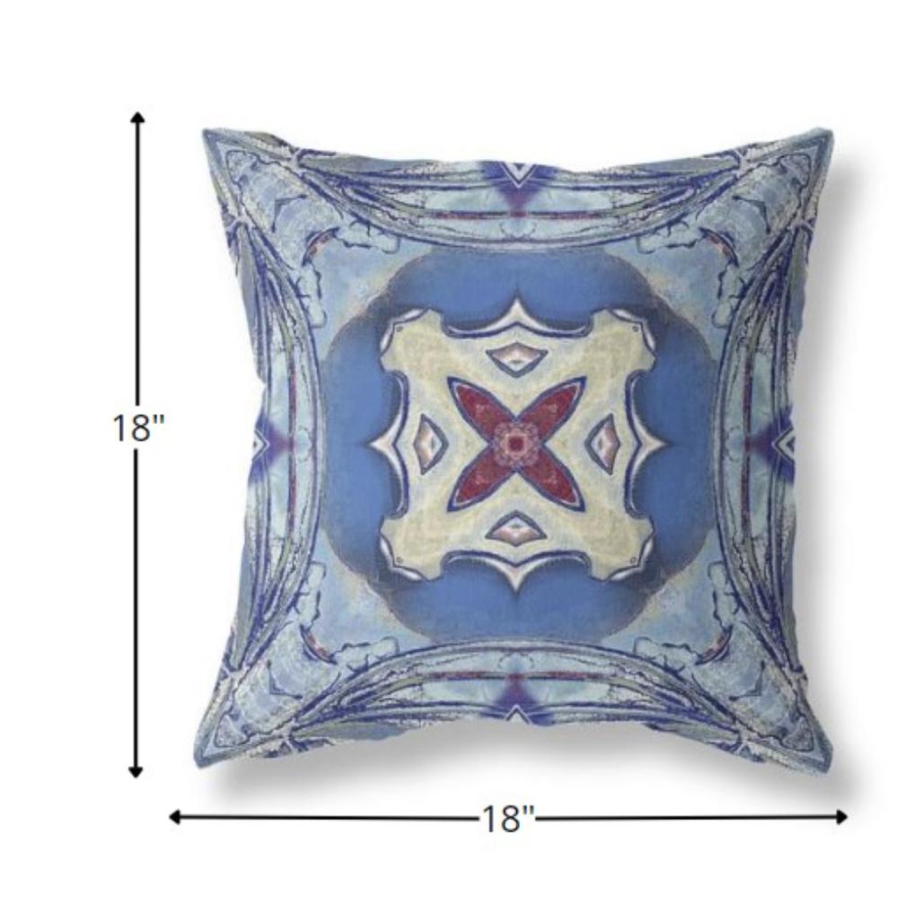18” Blue Cream Geo Tribal Indoor Outdoor Throw Pillow. Picture 4