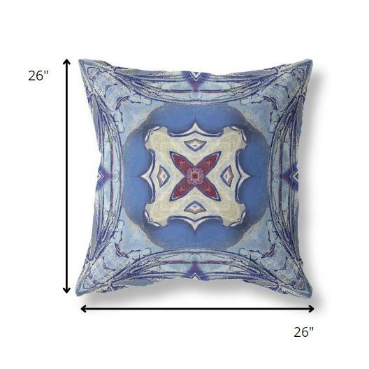 26” Blue Cream Geo Tribal Indoor Outdoor Throw Pillow. Picture 4