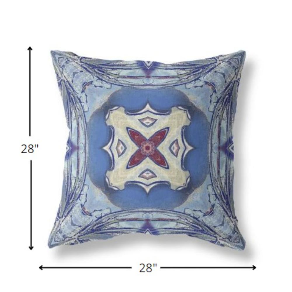 28” Blue Cream Geo Tribal Indoor Outdoor Throw Pillow. Picture 4