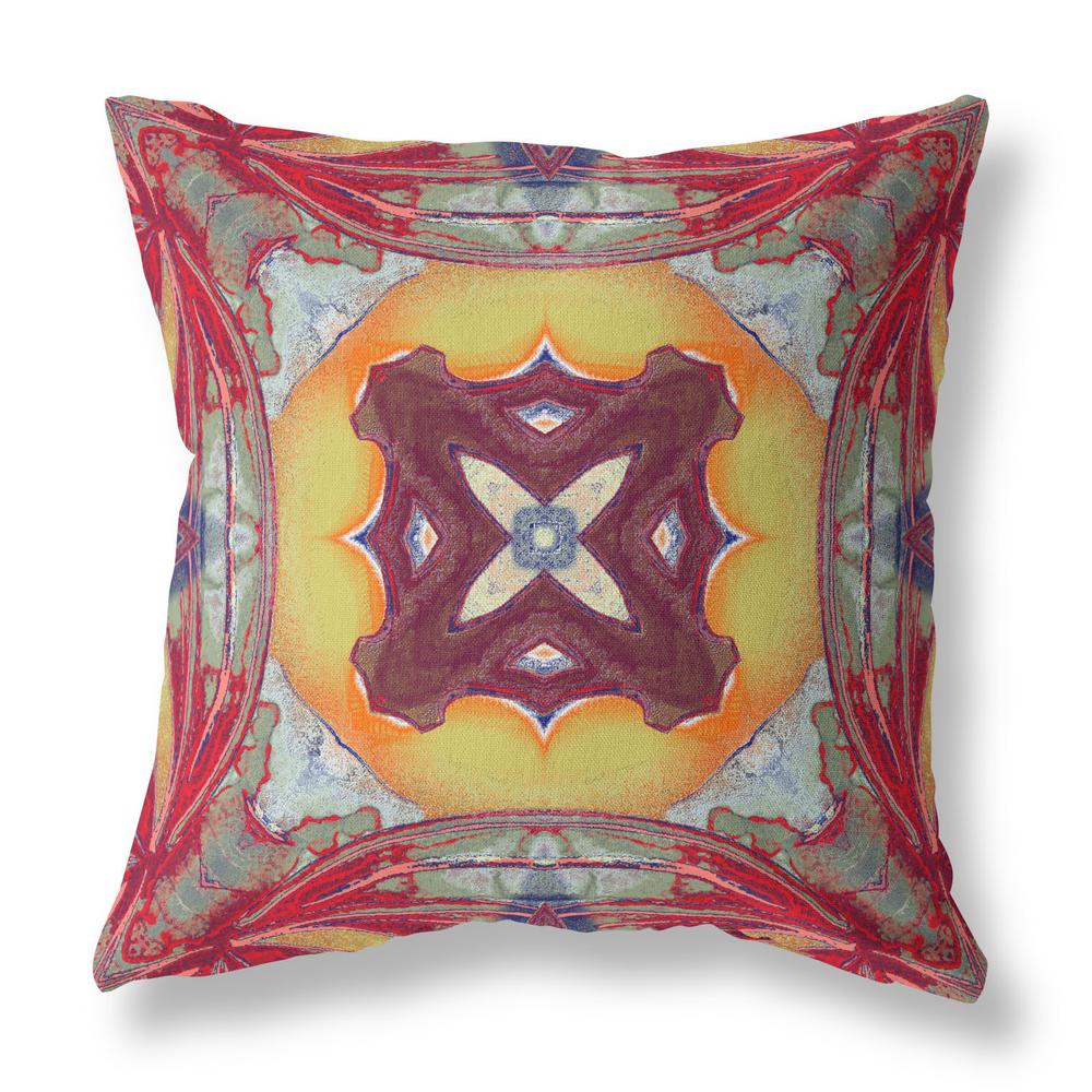 20” Red Yellow Geo Tribal Indoor Outdoor Throw Pillow. Picture 1