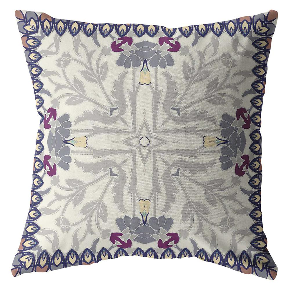 16" Gray Floral Frame Indoor Outdoor Throw Pillow. Picture 1