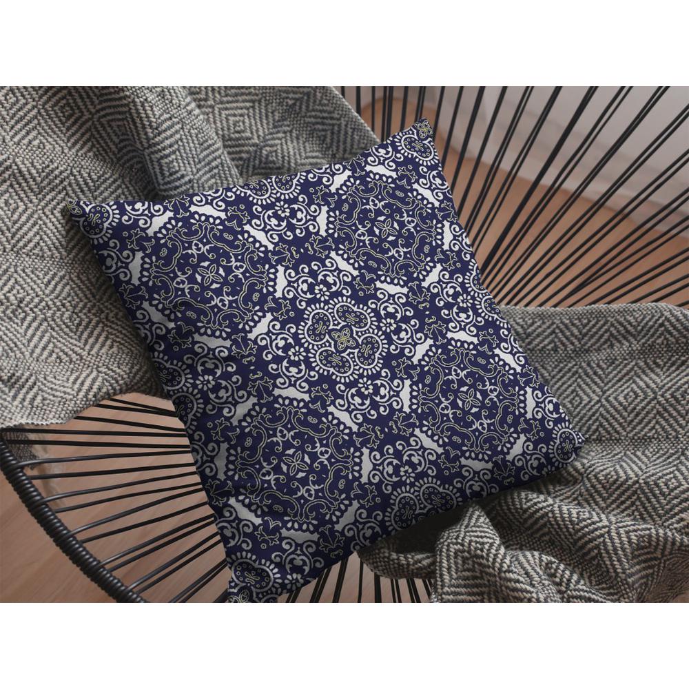 20" Navy Boho Pattern Indoor Outdoor Throw Pillow. Picture 3