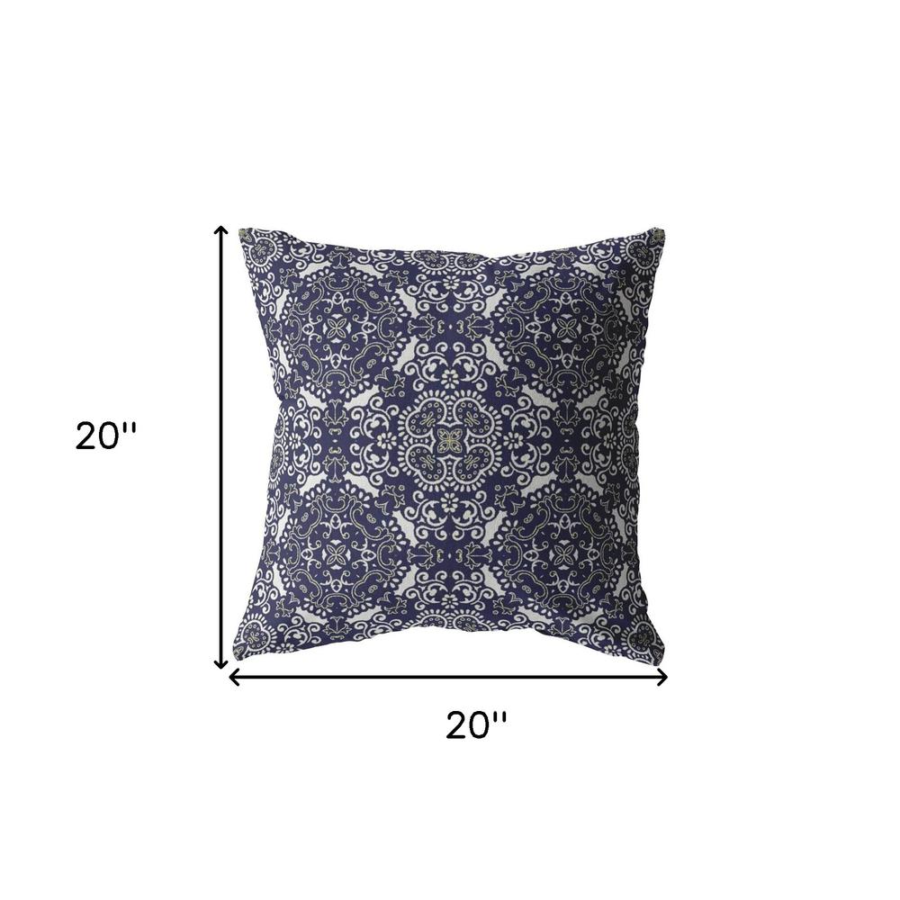 20" Navy Boho Pattern Indoor Outdoor Throw Pillow. Picture 5
