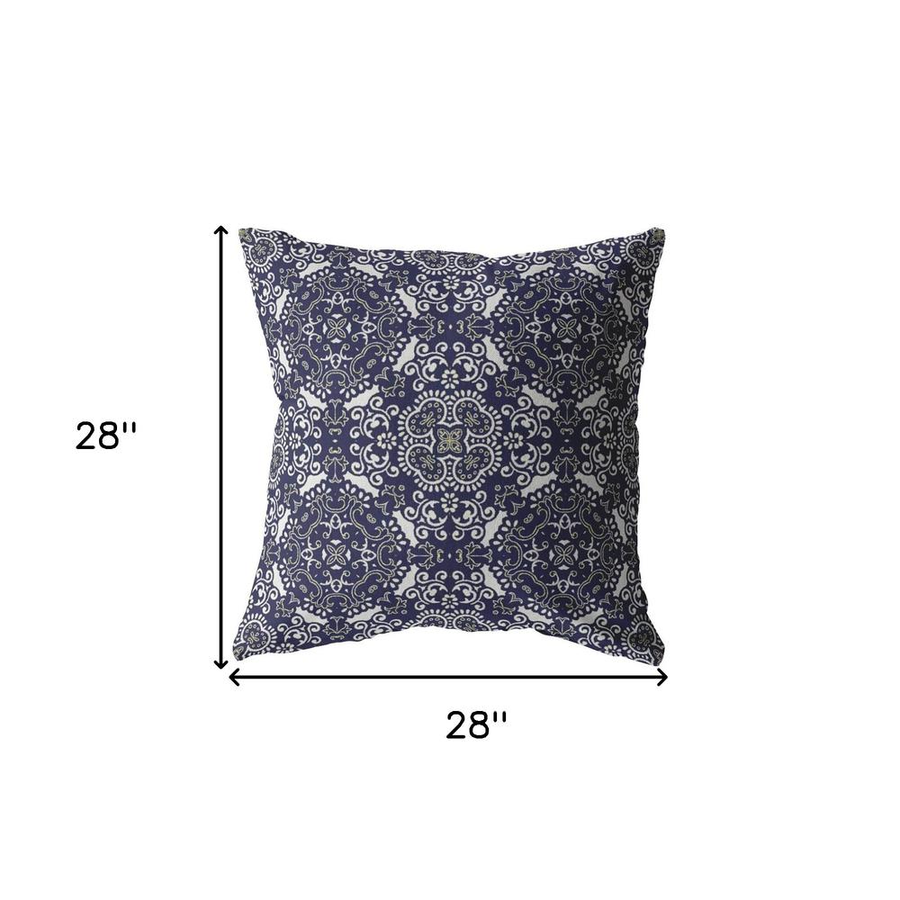 28" Navy Boho Pattern Indoor Outdoor Throw Pillow. Picture 5