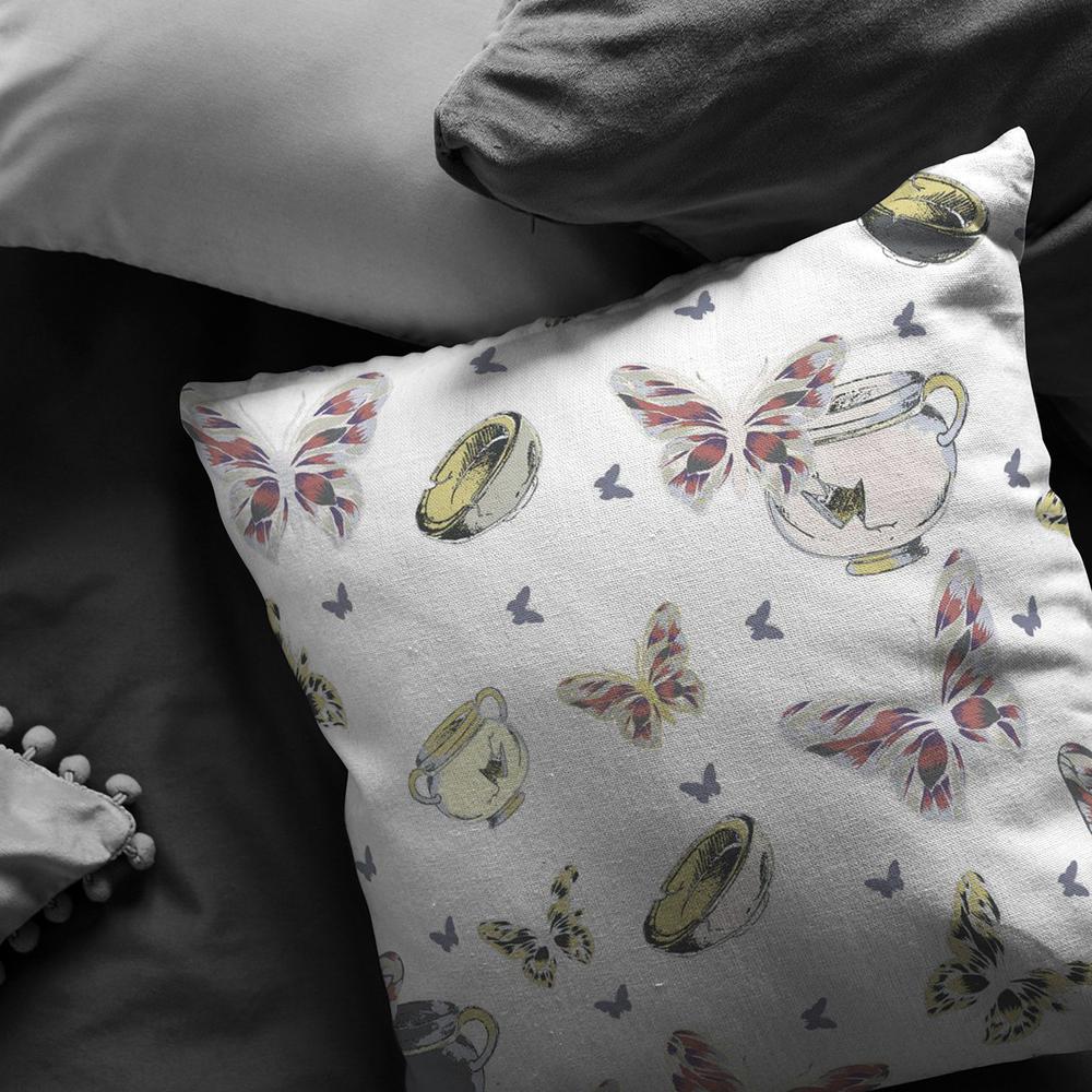 18" White Butterflies Indoor Outdoor Throw Pillow. Picture 4