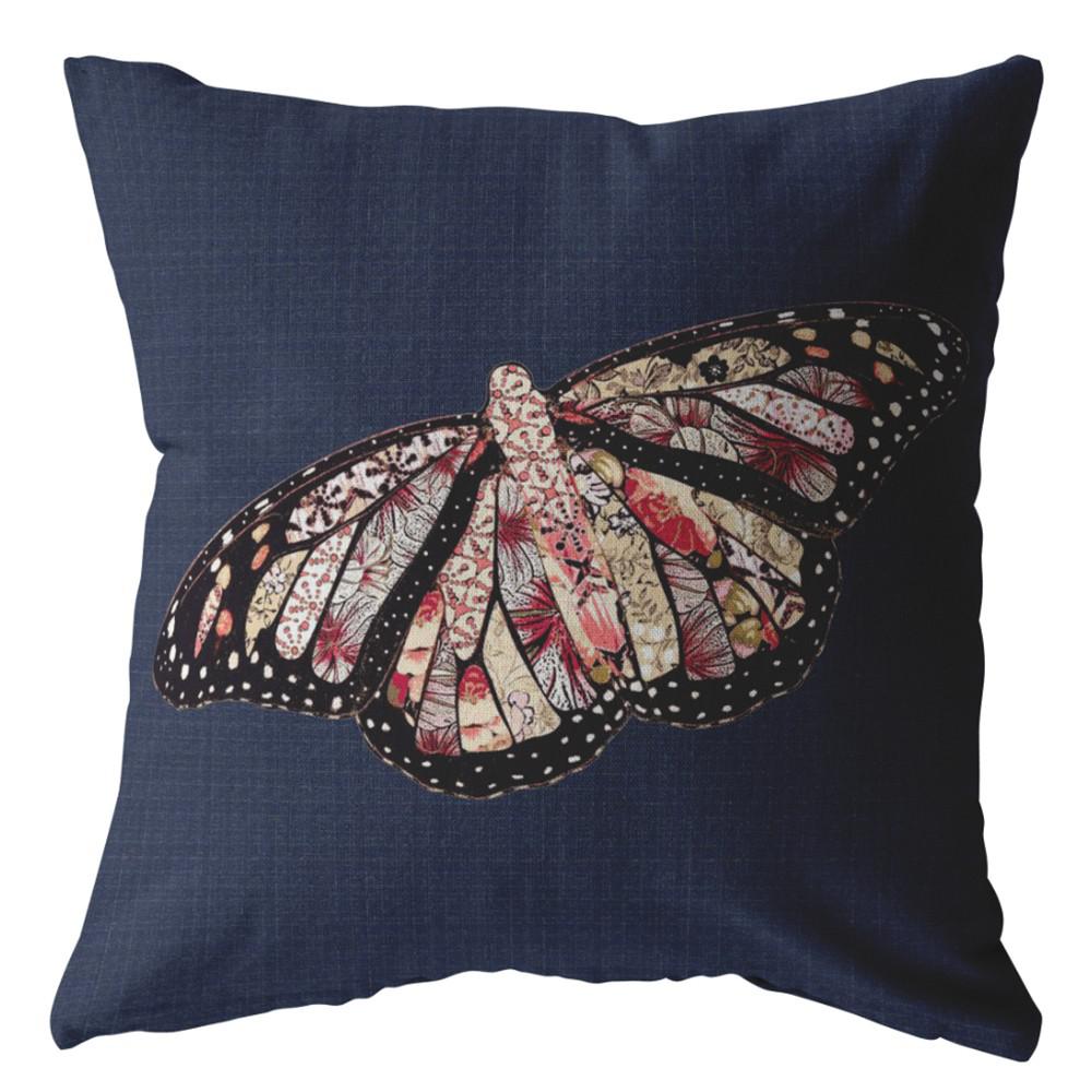 16" Denim Blue Butterfly Indoor Outdoor Throw Pillow. Picture 1