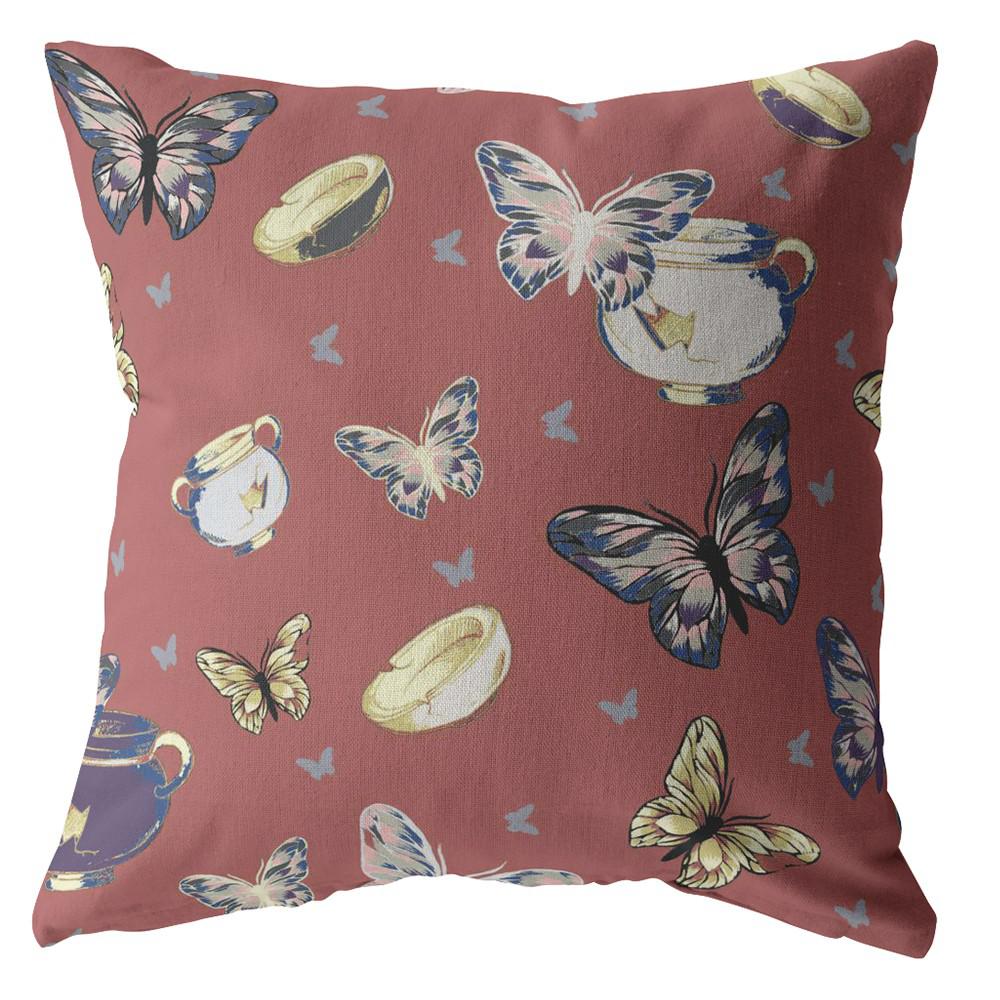20" Copper Rose Butterflies Indoor Outdoor Throw Pillow. Picture 1