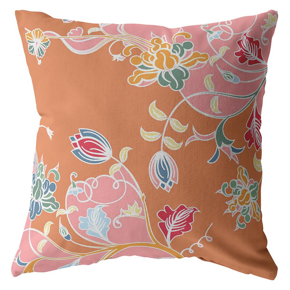 16" Pink Orange Garden Indoor Outdoor Throw Pillow. Picture 1