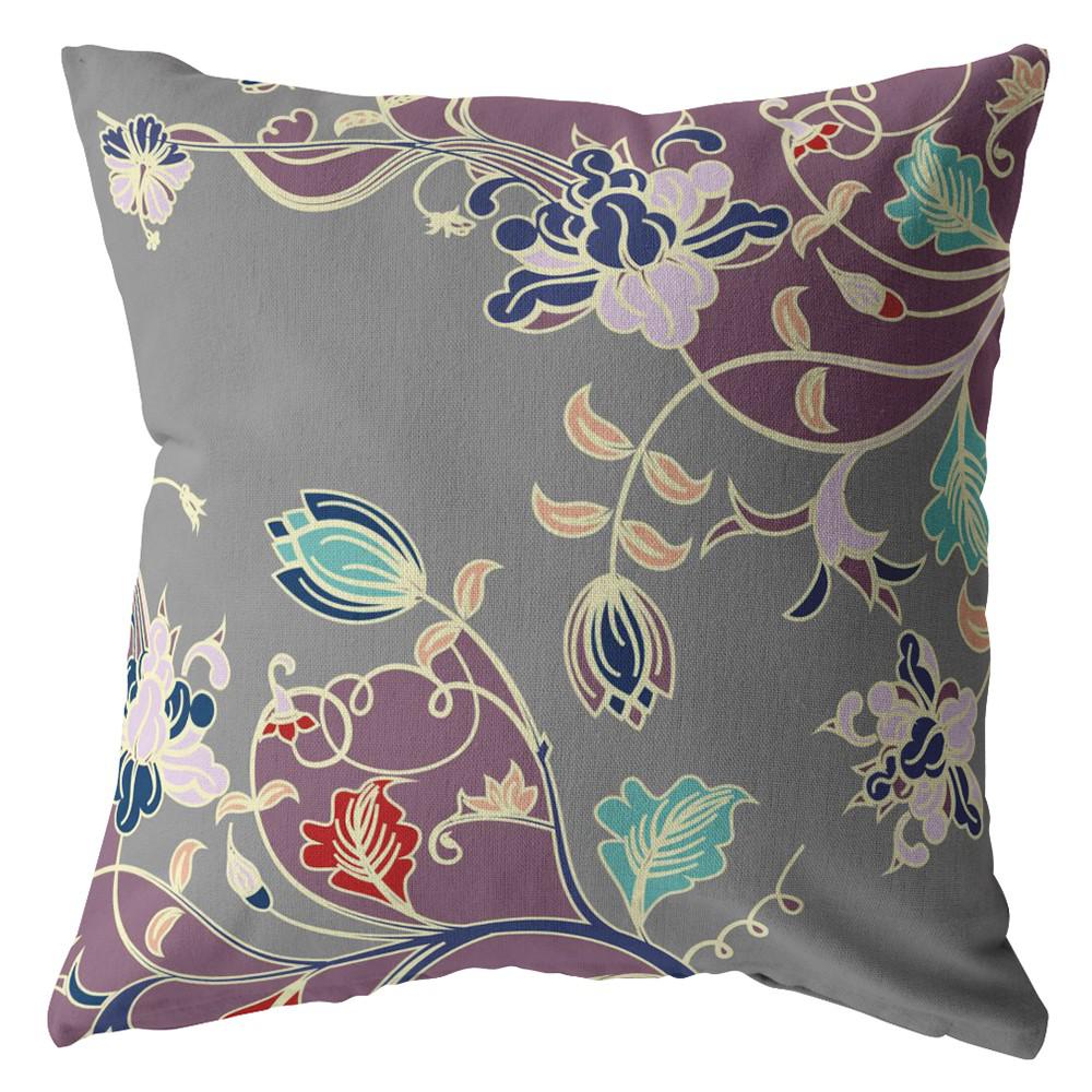 16" Purple Gray Garden Indoor Outdoor Throw Pillow. Picture 1