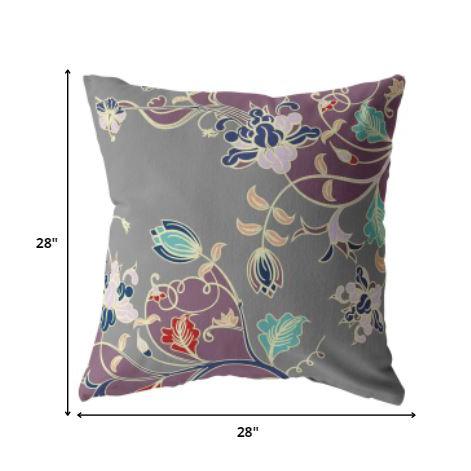 28" Purple Gray Garden Indoor Outdoor Throw Pillow. Picture 5