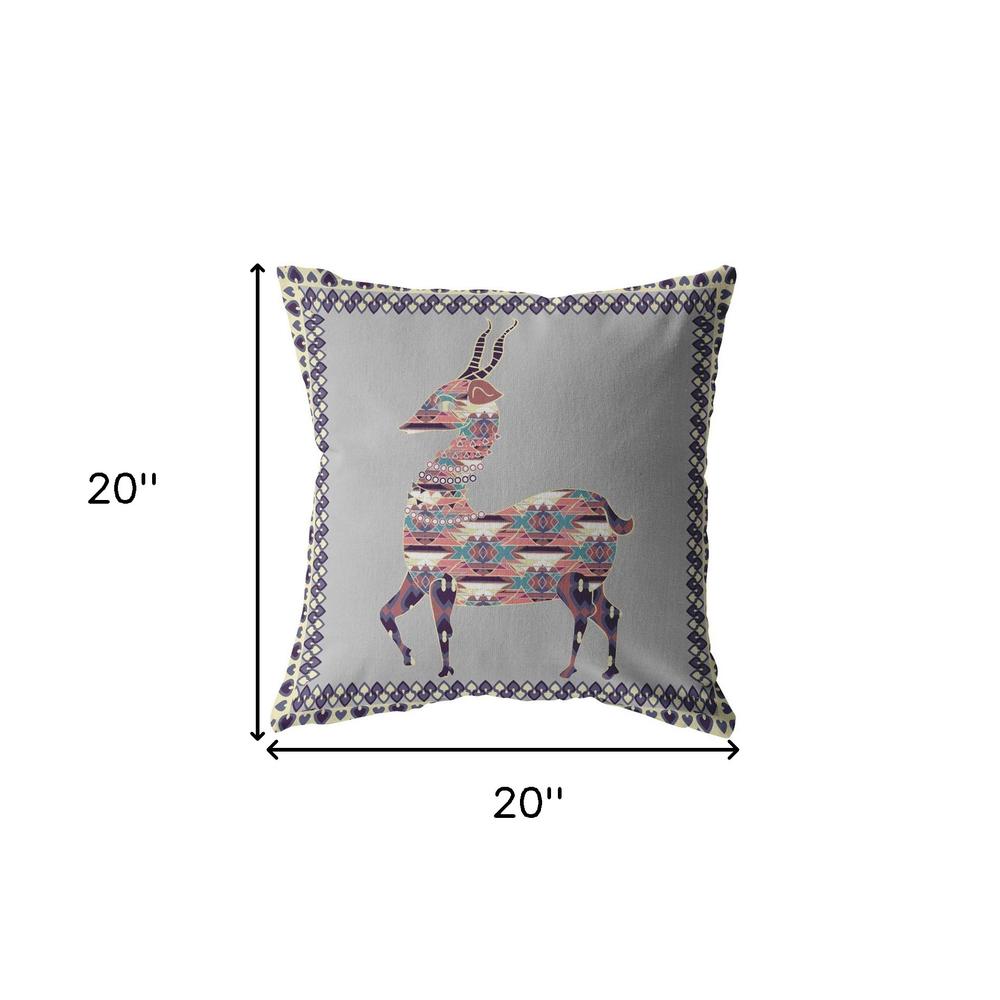 20" Purple Cream Boho Deer Indoor Outdoor Throw Pillow. Picture 5