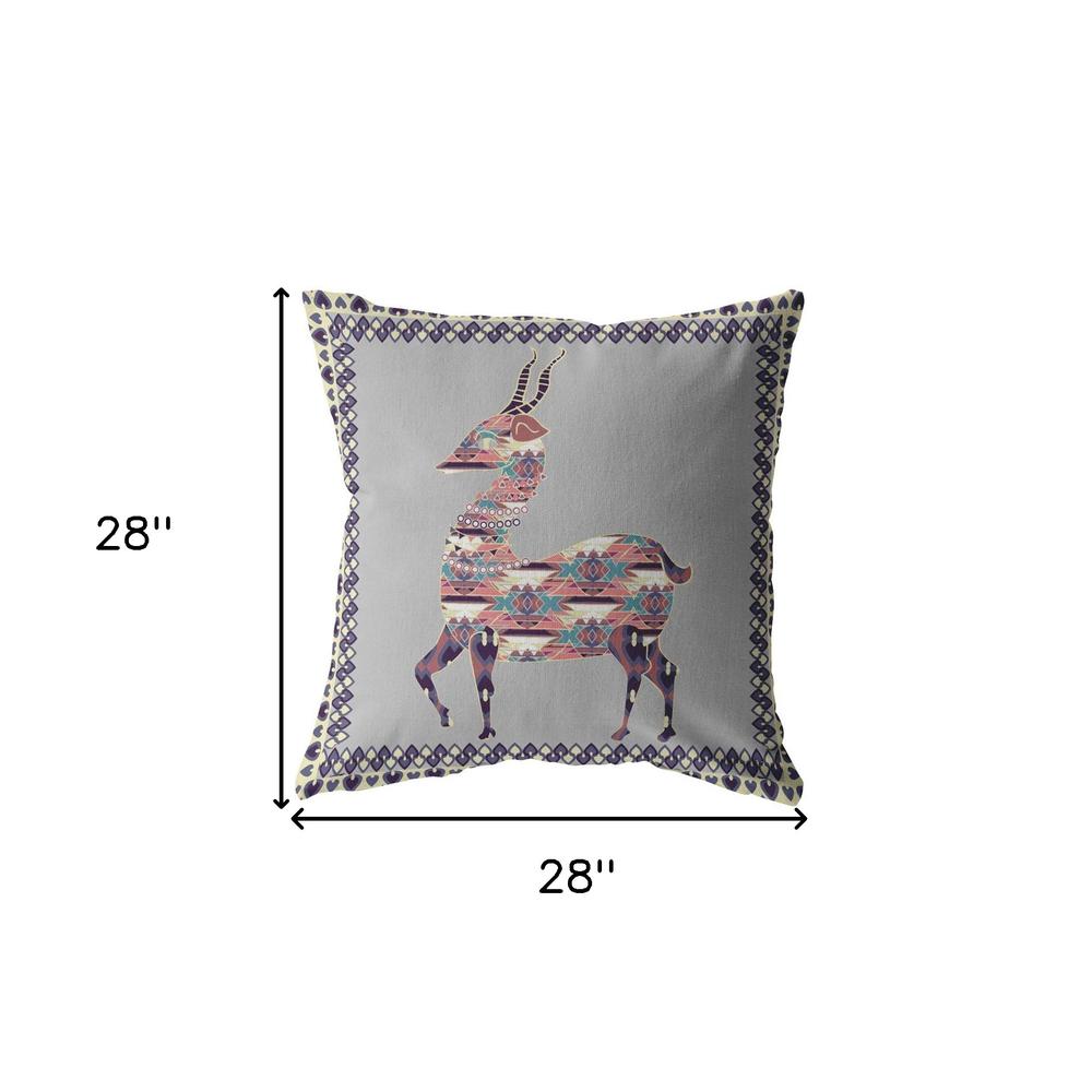 28" Purple Cream Boho Deer Indoor Outdoor Throw Pillow. Picture 5