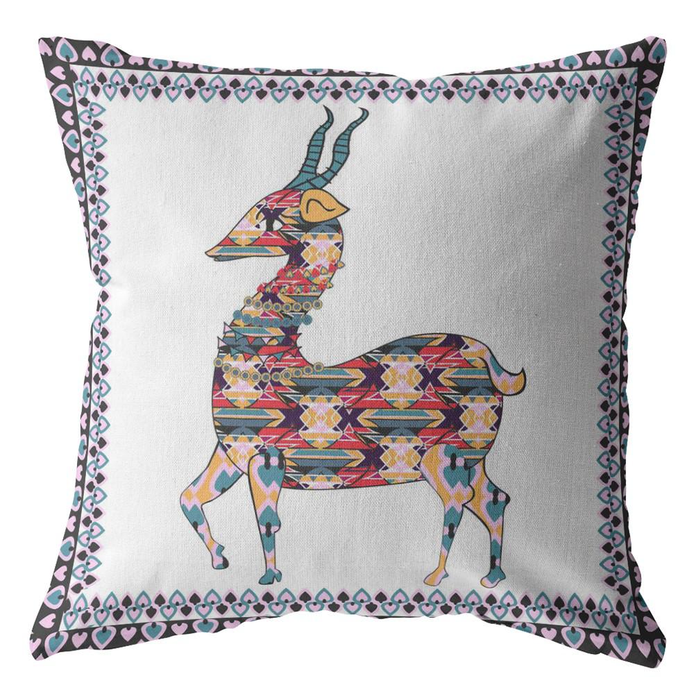 18" Blue White Boho Deer Indoor Outdoor Throw Pillow. Picture 1