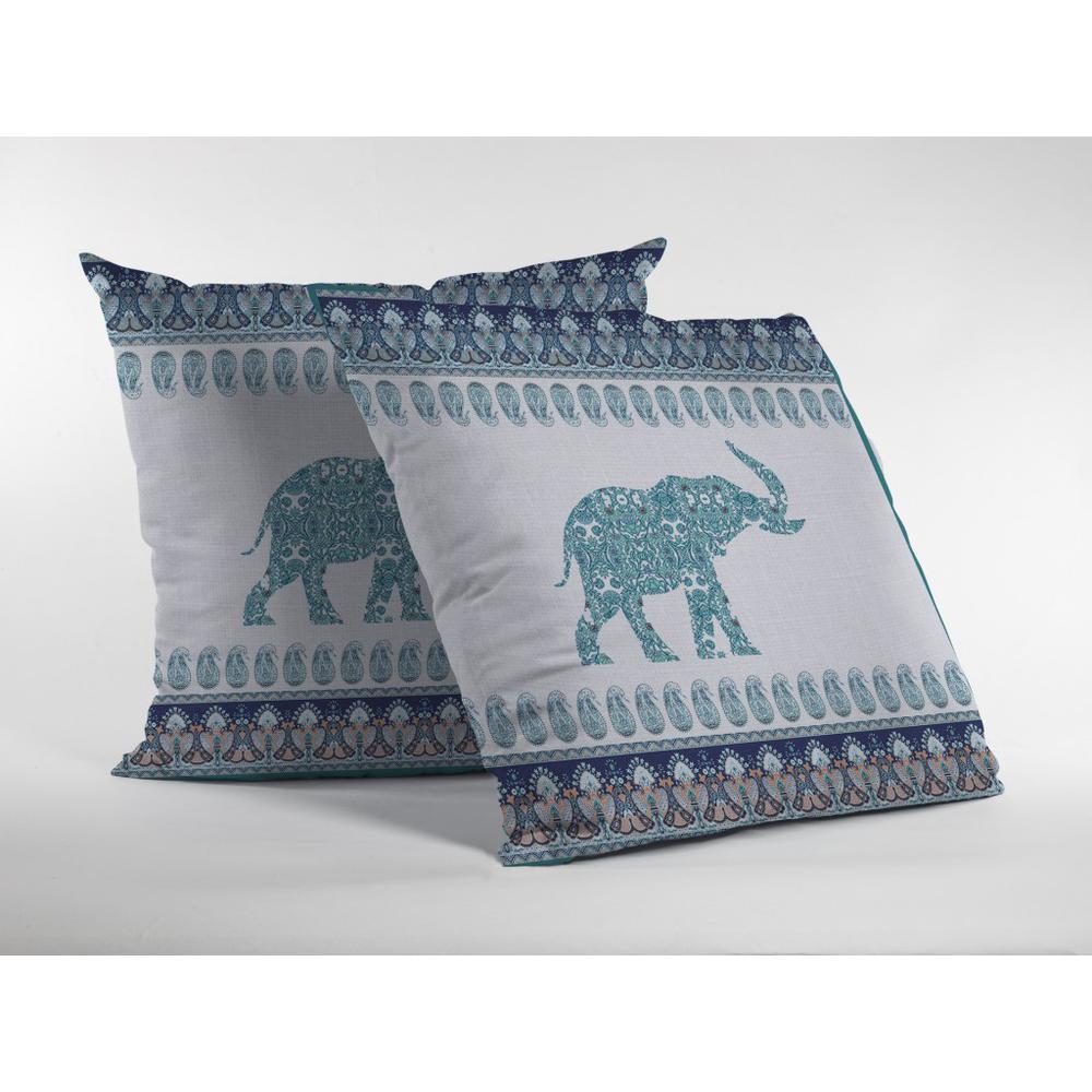 16” Teal Ornate Elephant Indoor Outdoor Throw Pillow. Picture 2