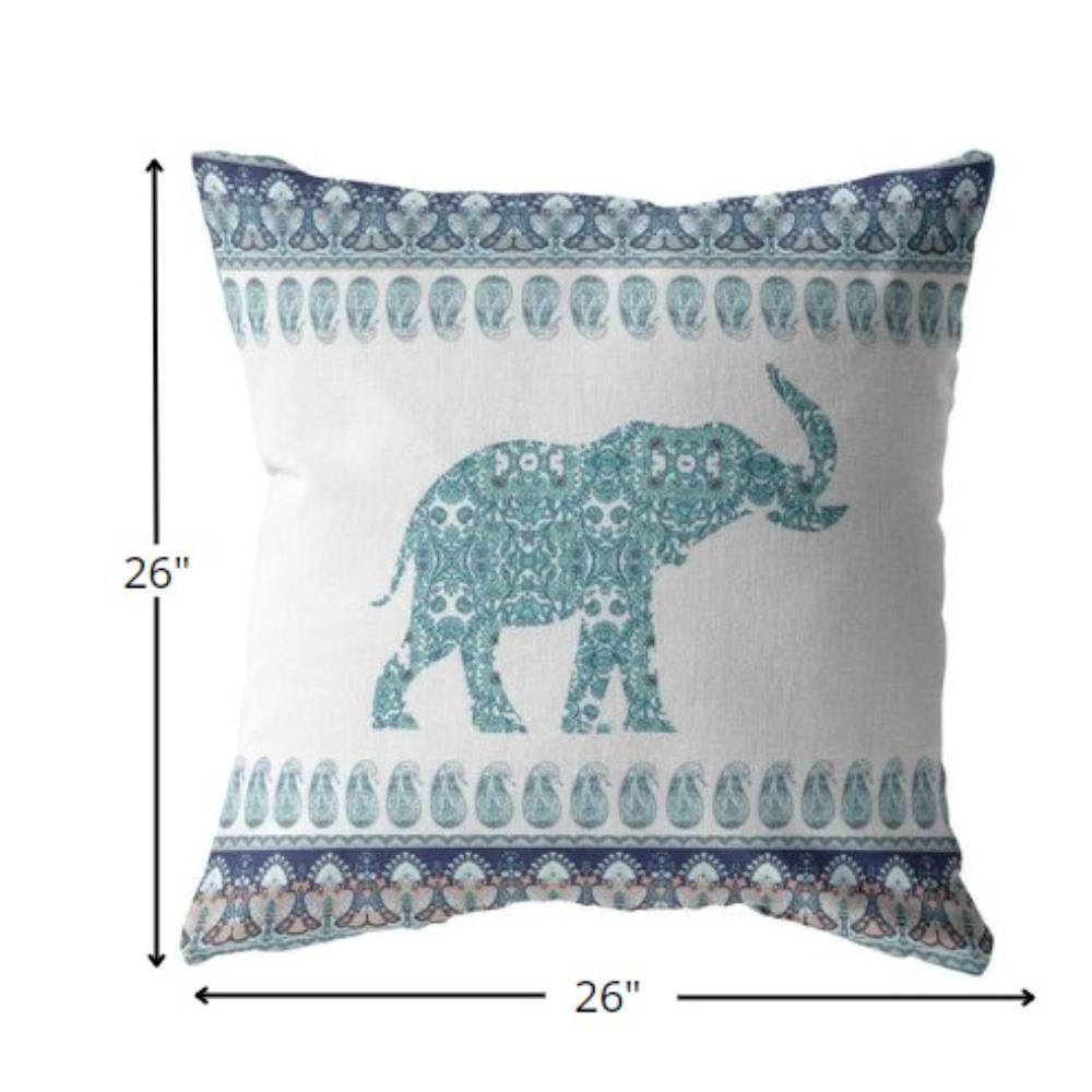 26” Teal Ornate Elephant Indoor Outdoor Throw Pillow. Picture 5