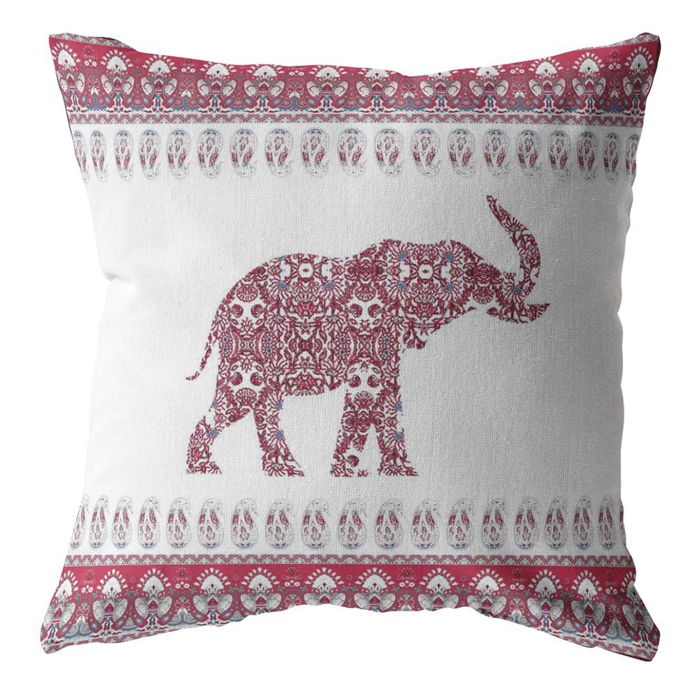 16” Red White Ornate Elephant Indoor Outdoor Throw Pillow. Picture 1