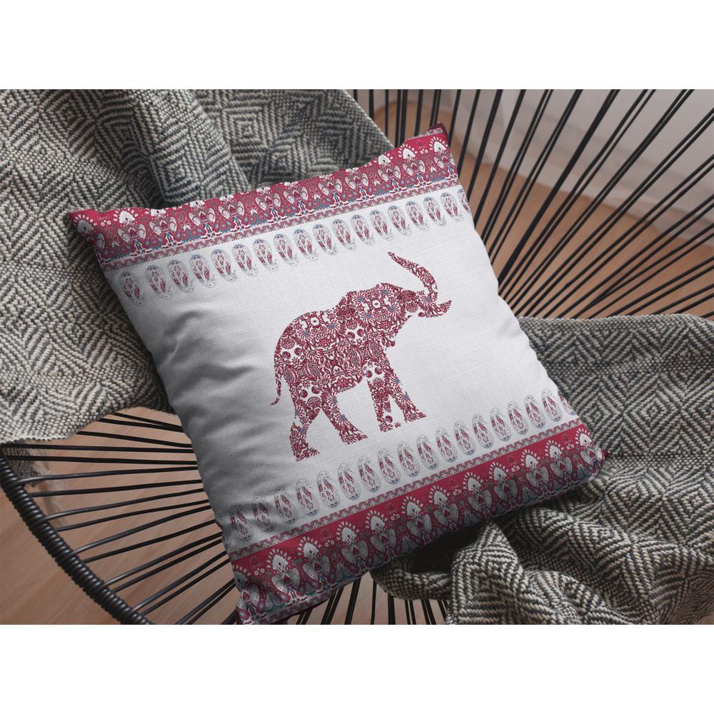 16” Red White Ornate Elephant Indoor Outdoor Throw Pillow. Picture 3