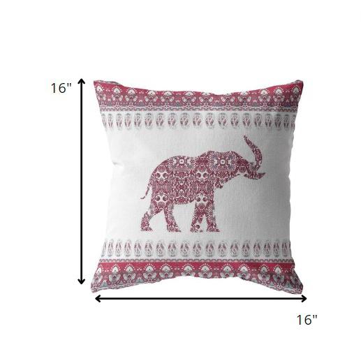 16” Red White Ornate Elephant Indoor Outdoor Throw Pillow. Picture 5