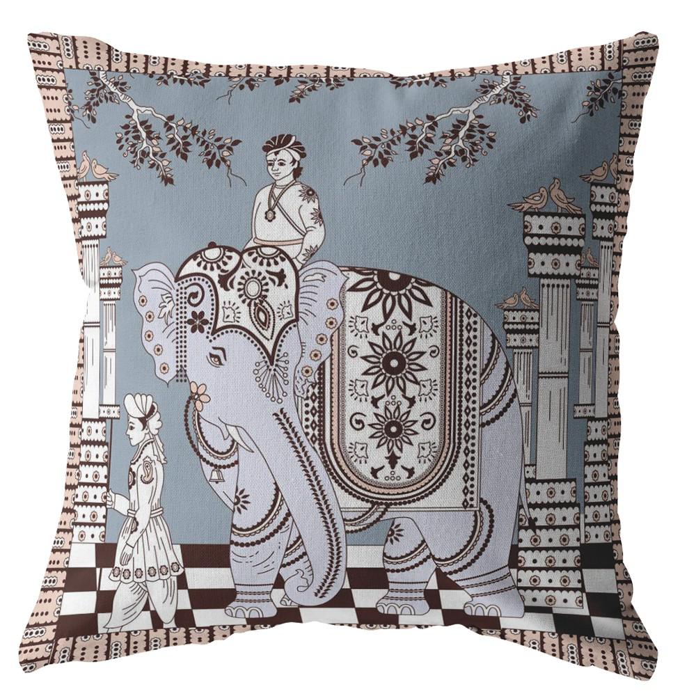 16” Blue Brown Ornate Elephant Indoor Outdoor Throw Pillow. Picture 1