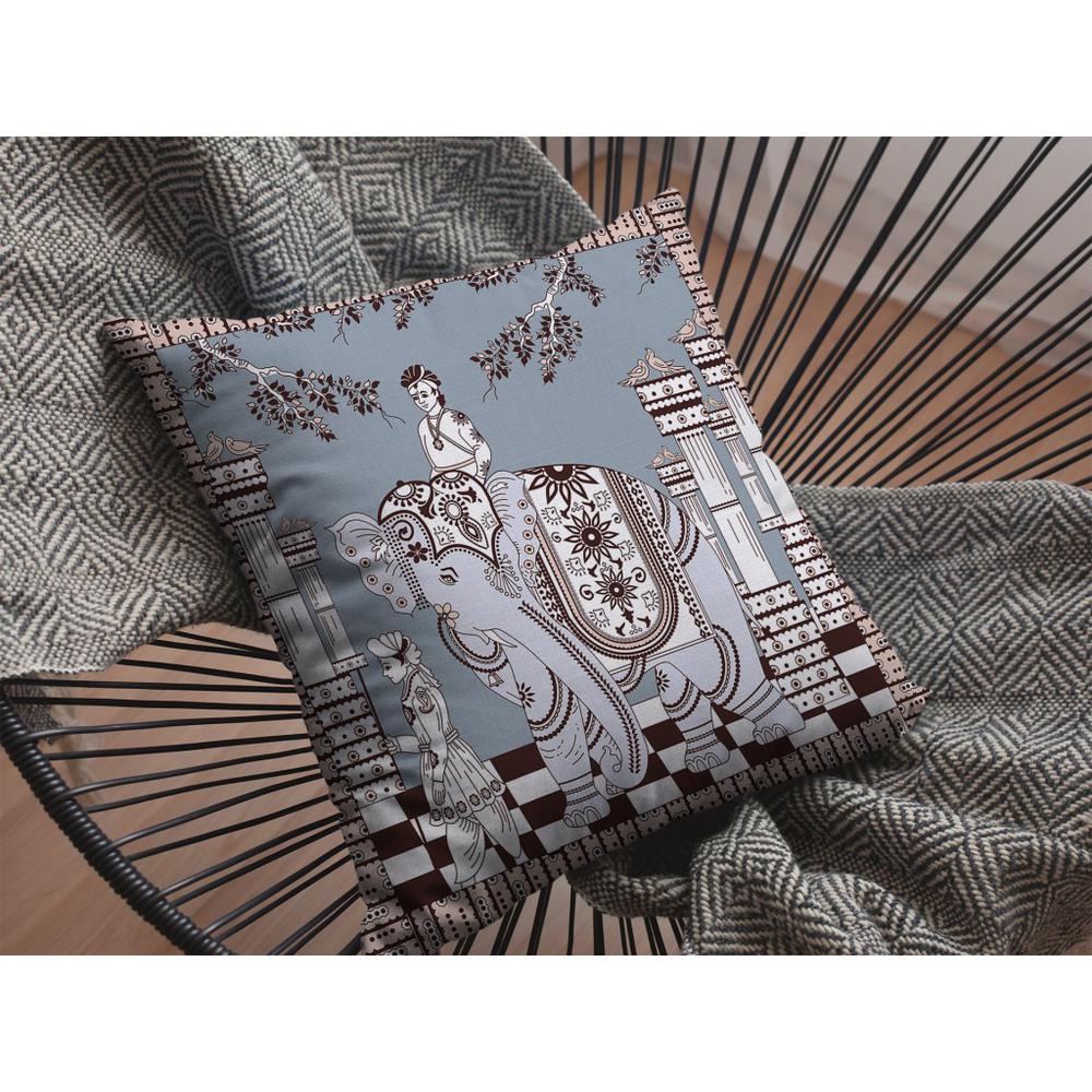 16” Blue Brown Ornate Elephant Indoor Outdoor Throw Pillow. Picture 2