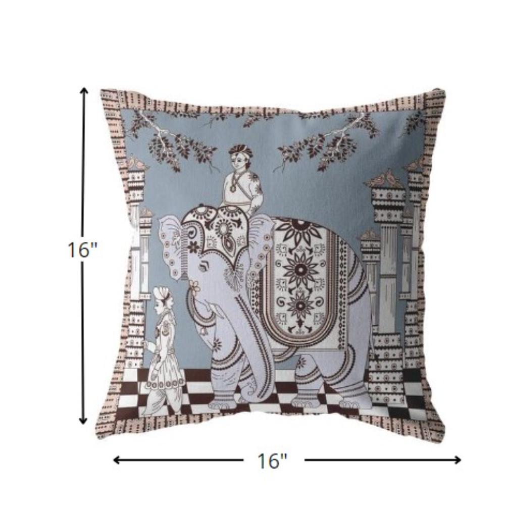 16” Blue Brown Ornate Elephant Indoor Outdoor Throw Pillow. Picture 5