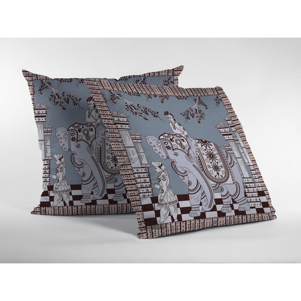 18” Blue Brown Ornate Elephant Indoor Outdoor Throw Pillow. Picture 3