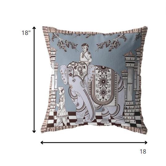 18” Blue Brown Ornate Elephant Indoor Outdoor Throw Pillow. Picture 5