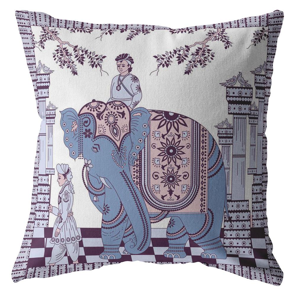 20” Blue Purple Ornate Elephant Indoor Outdoor Throw Pillow. Picture 1