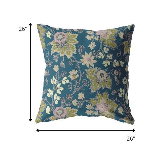 26” Teal Green Jacobean Indoor Outdoor Throw Pillow. Picture 5