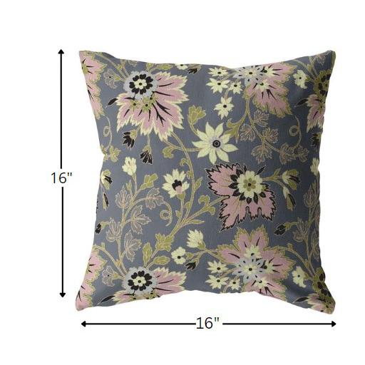 16” Gray Pink Jacobean Indoor Outdoor Throw Pillow. Picture 5