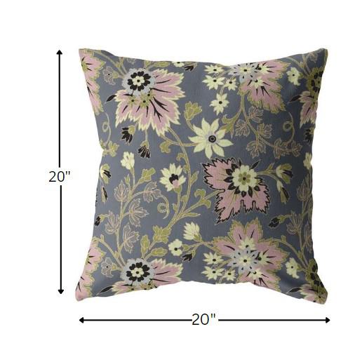 20” Gray Pink Jacobean Indoor Outdoor Throw Pillow. Picture 5