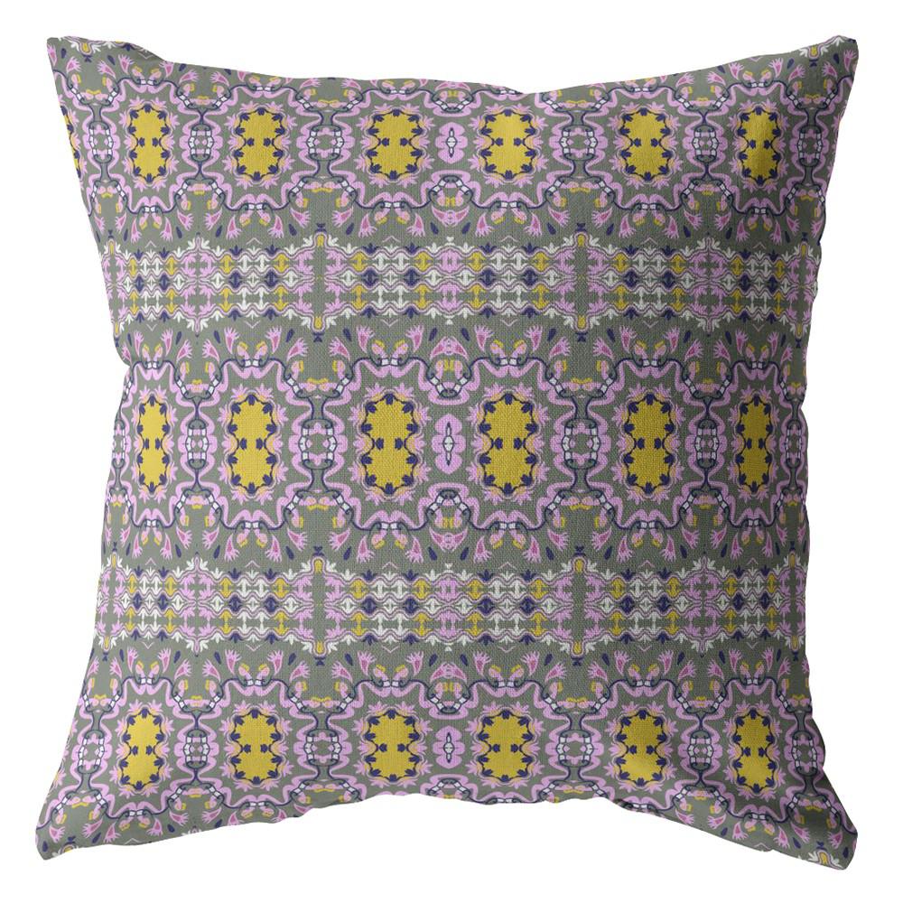 16” Purple Yellow Geofloral Indoor Outdoor Throw Pillow. Picture 1