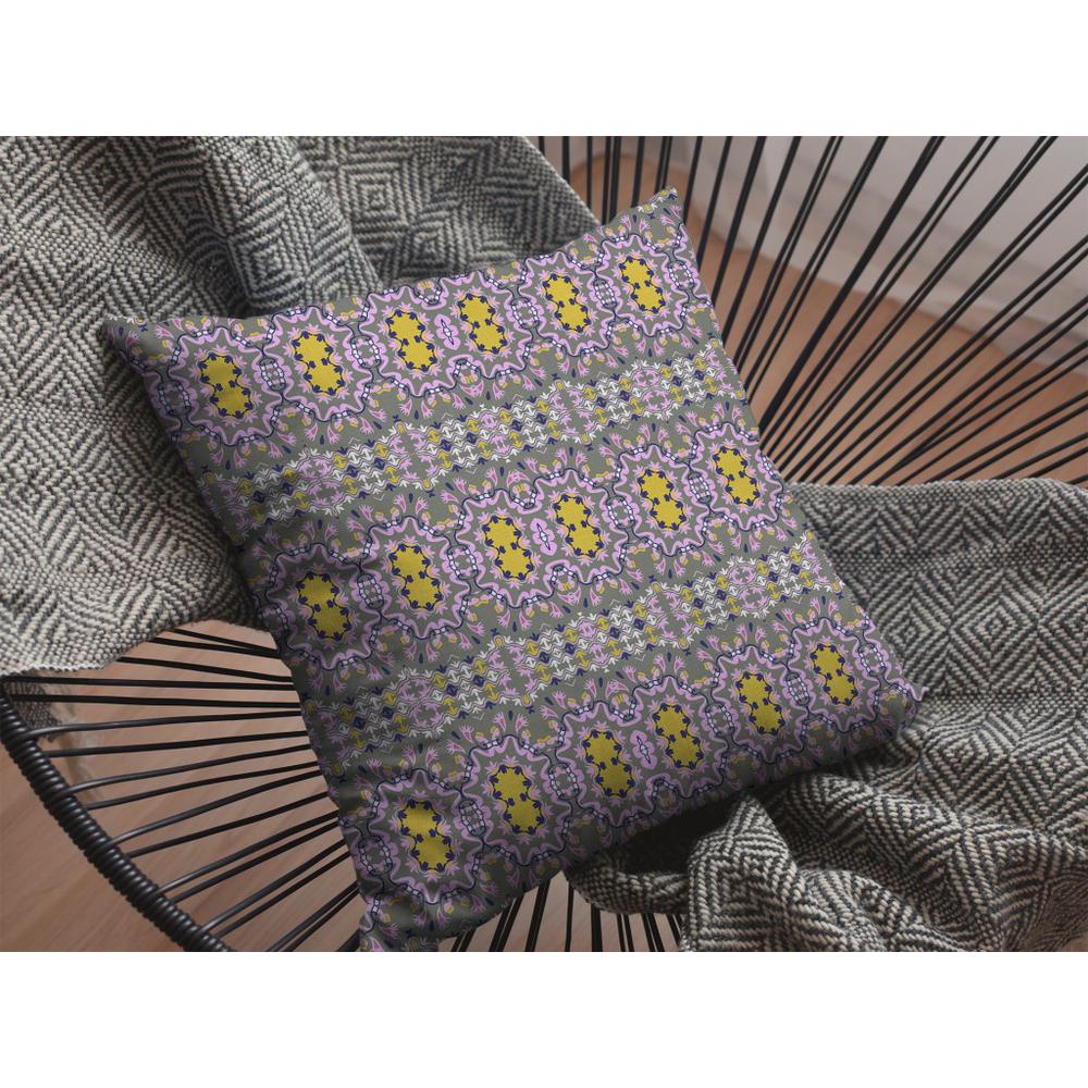 16” Purple Yellow Geofloral Indoor Outdoor Throw Pillow. Picture 3