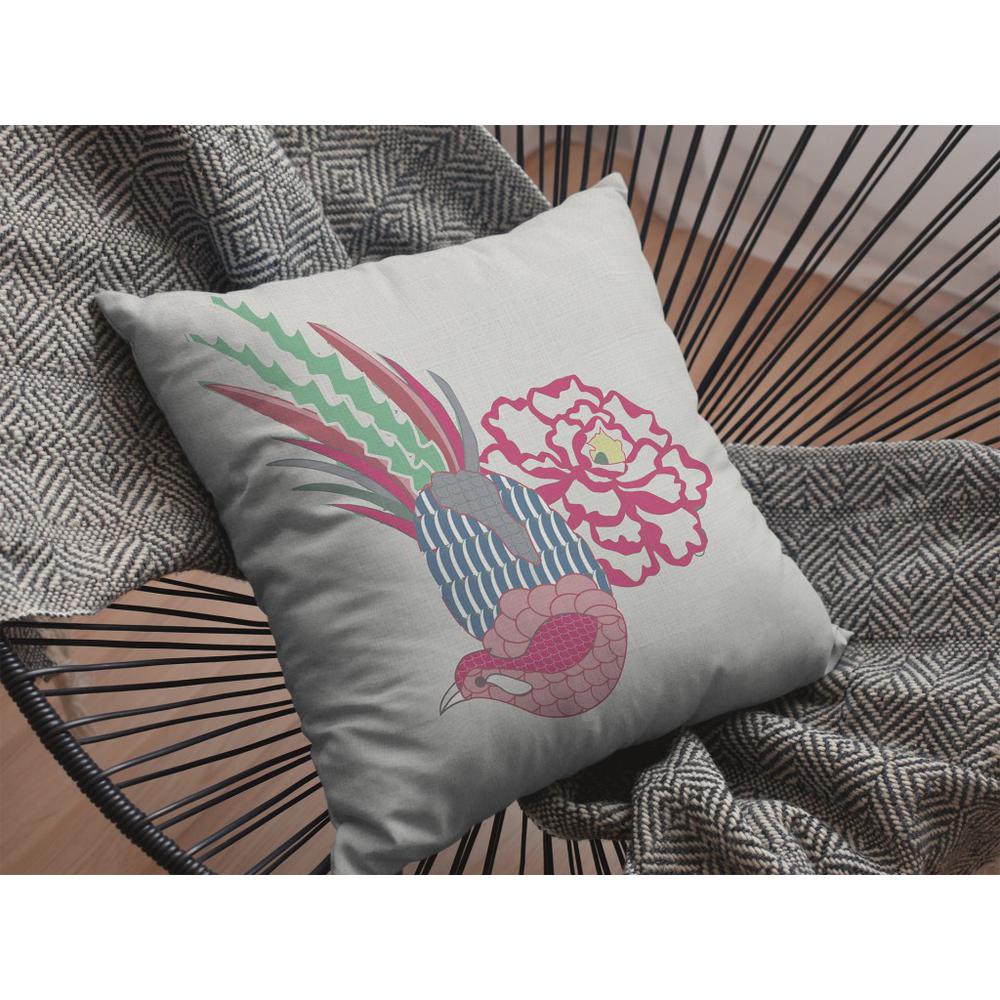 18” Pink White Peacock Indoor Outdoor Throw Pillow. Picture 3