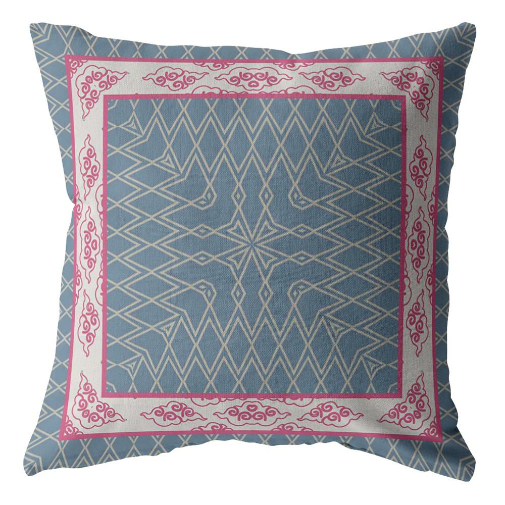16" Pink Blue Nest Ornate Frame Indoor Outdoor Throw Pillow. Picture 1