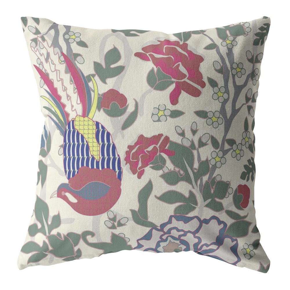 18” Pink Sage Peacock Indoor Outdoor Throw Pillow. Picture 1