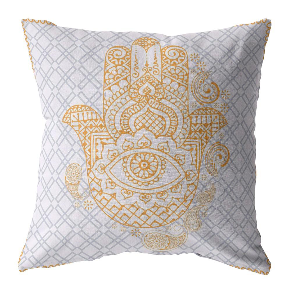 18” Gold Gray Hamsa Indoor Outdoor Throw Pillow. Picture 1